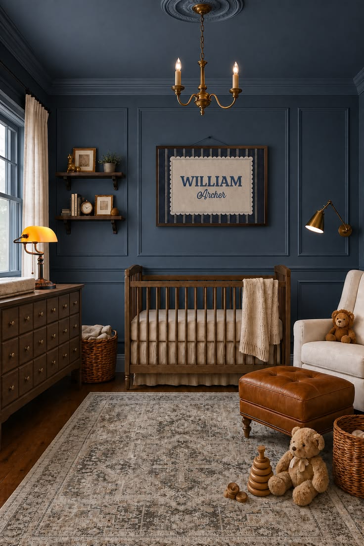A cozy rather than cold navy blue nursery