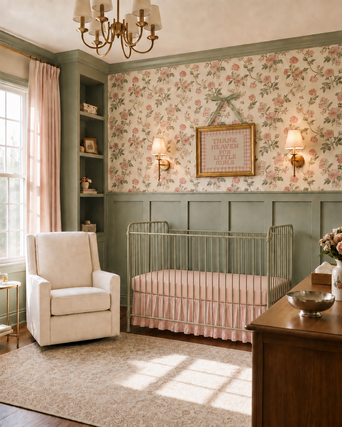 Pretty pink and sage green floral baby girl nursery