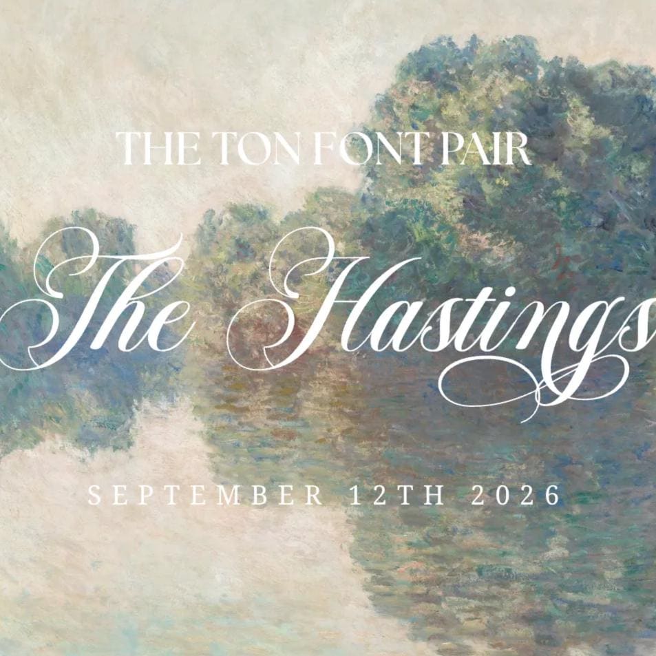 The image is a page from a website called "The Font Pair", featuring a painting of a landscape with trees and water. The page displays the text "The Font Pair" and "The Hastings" along with the date "SEPTEMBER 12TH 2026".