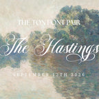 The image is a page from a website called "The Font Pair", featuring a painting of a landscape with trees and water. The page displays the text "The Font Pair" and "The Hastings" along with the date "SEPTEMBER 12TH 2026".