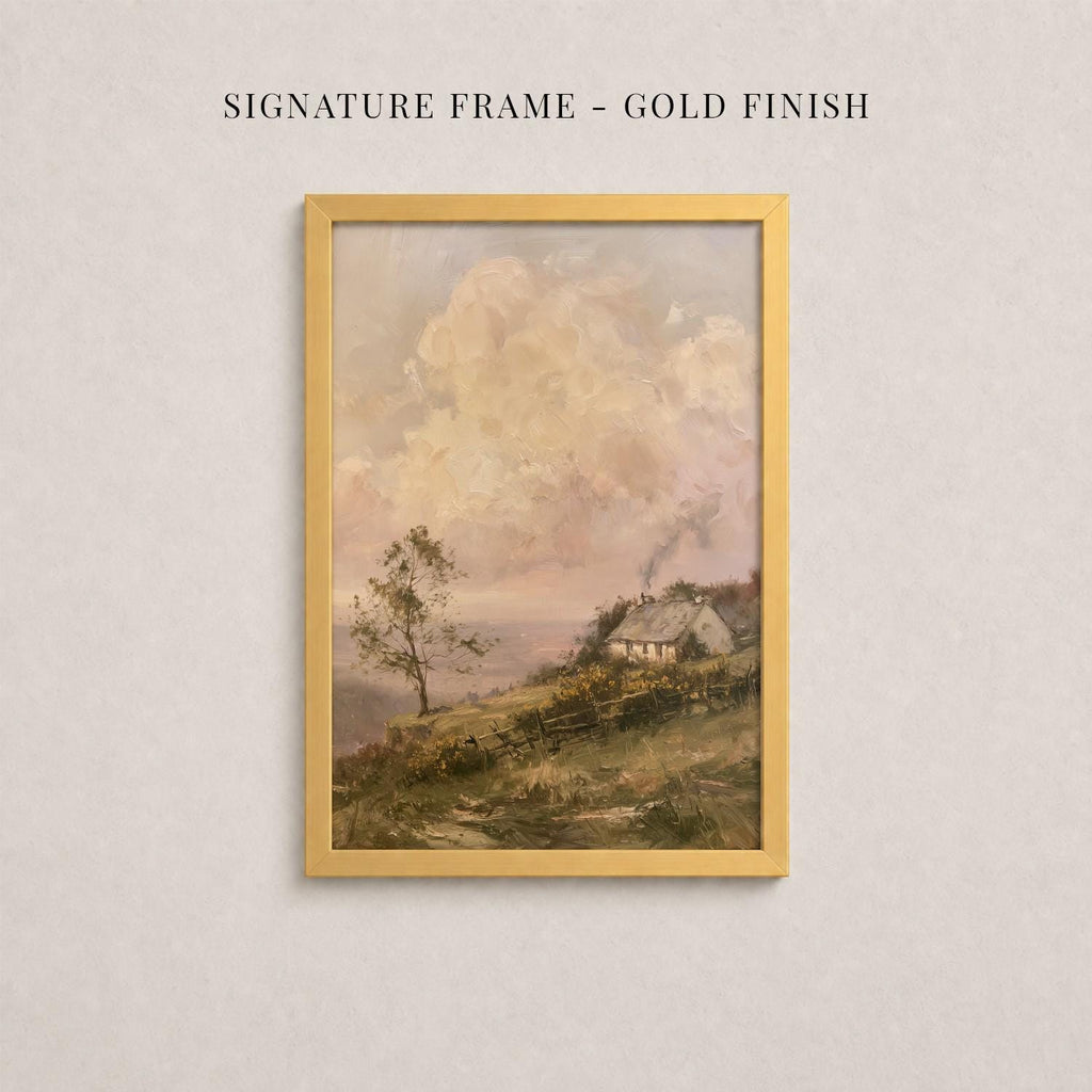 The image is a framed painting depicting a rural landscape with a house and trees in the background.