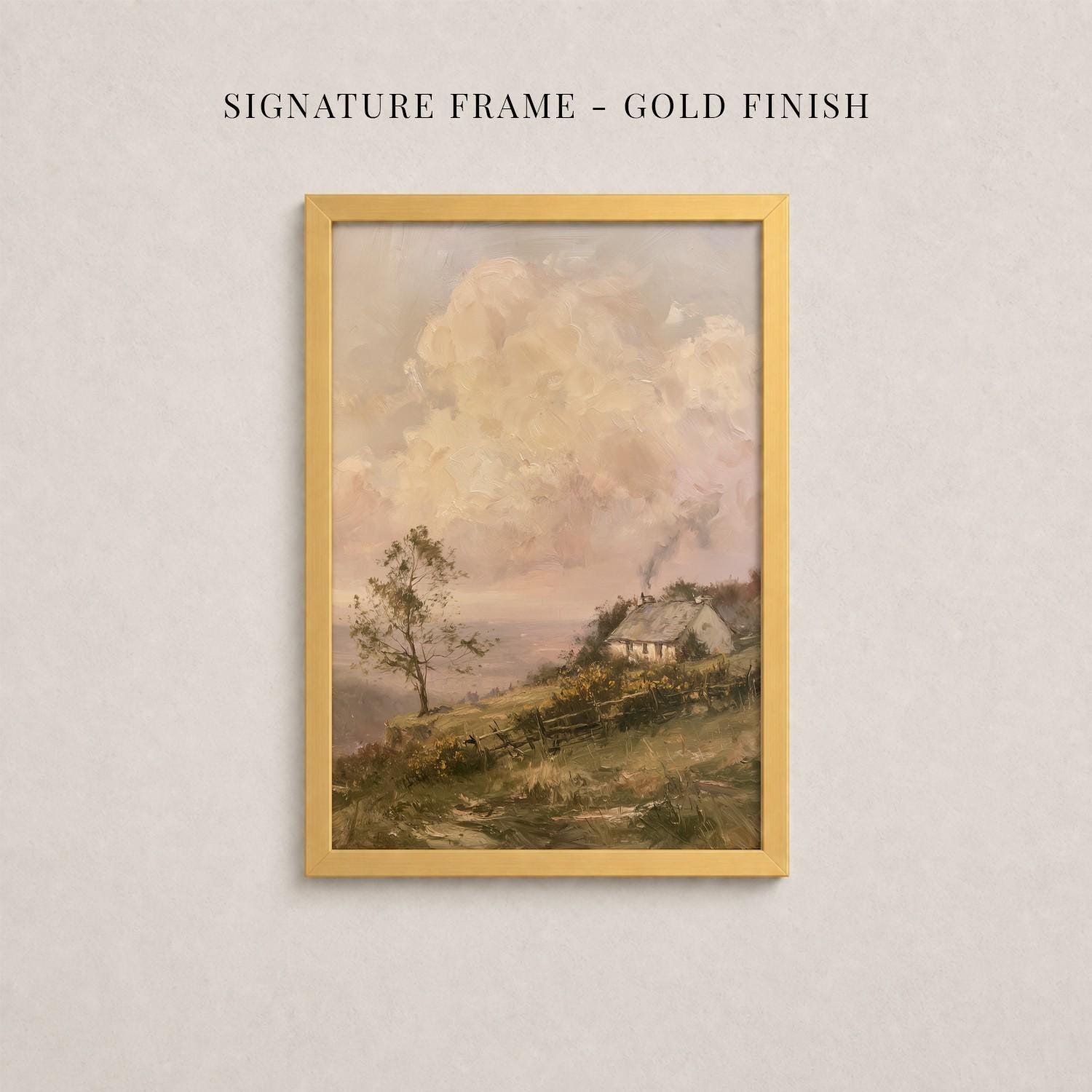 The image is a framed painting depicting a rural landscape with a house and trees in the background.