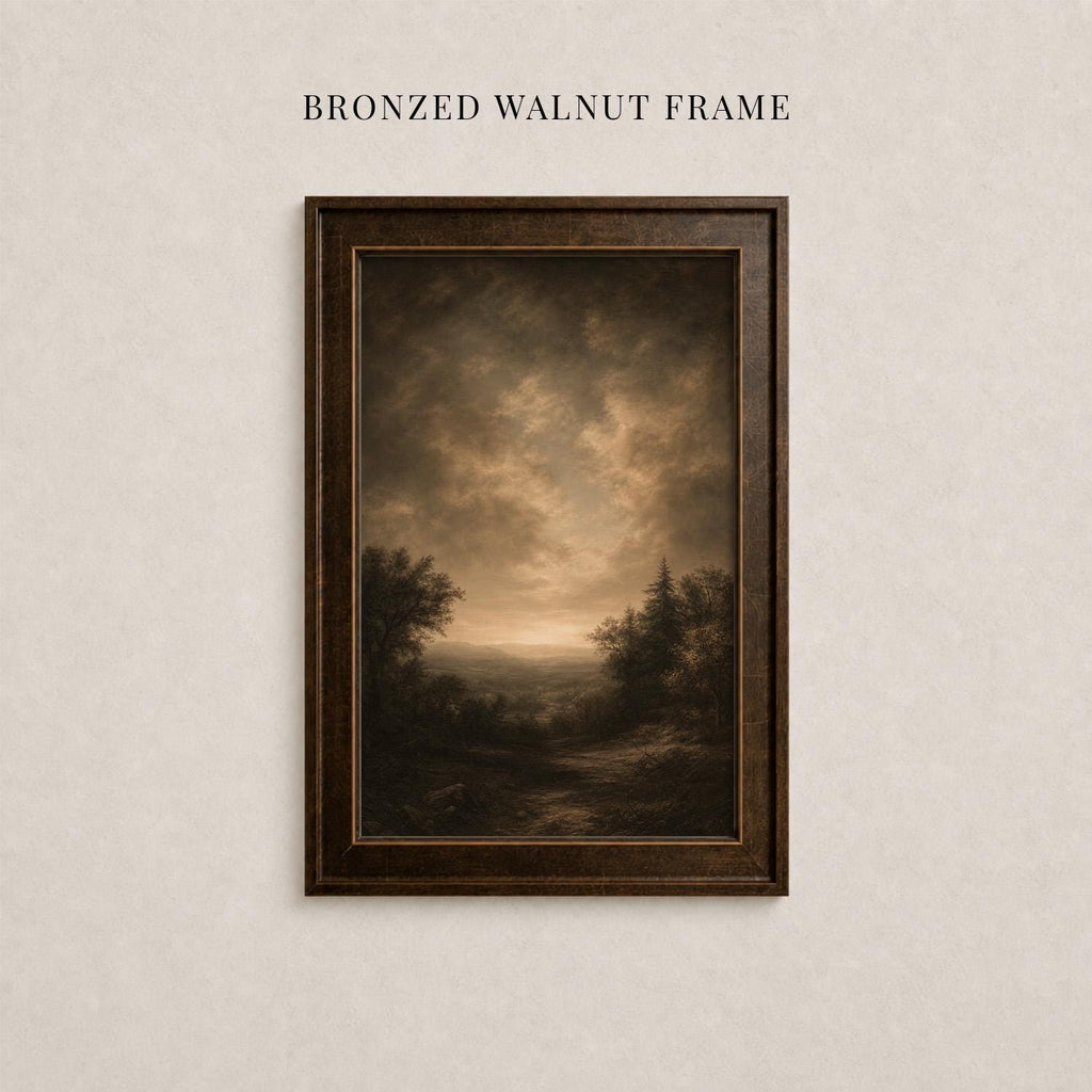 The image is a framed painting depicting a landscape scene with trees and a cloudy sky.