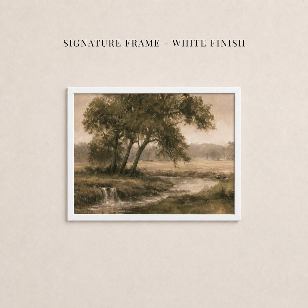 The image is a framed painting depicting a serene landscape with a tree, a stream, and a grassy field.