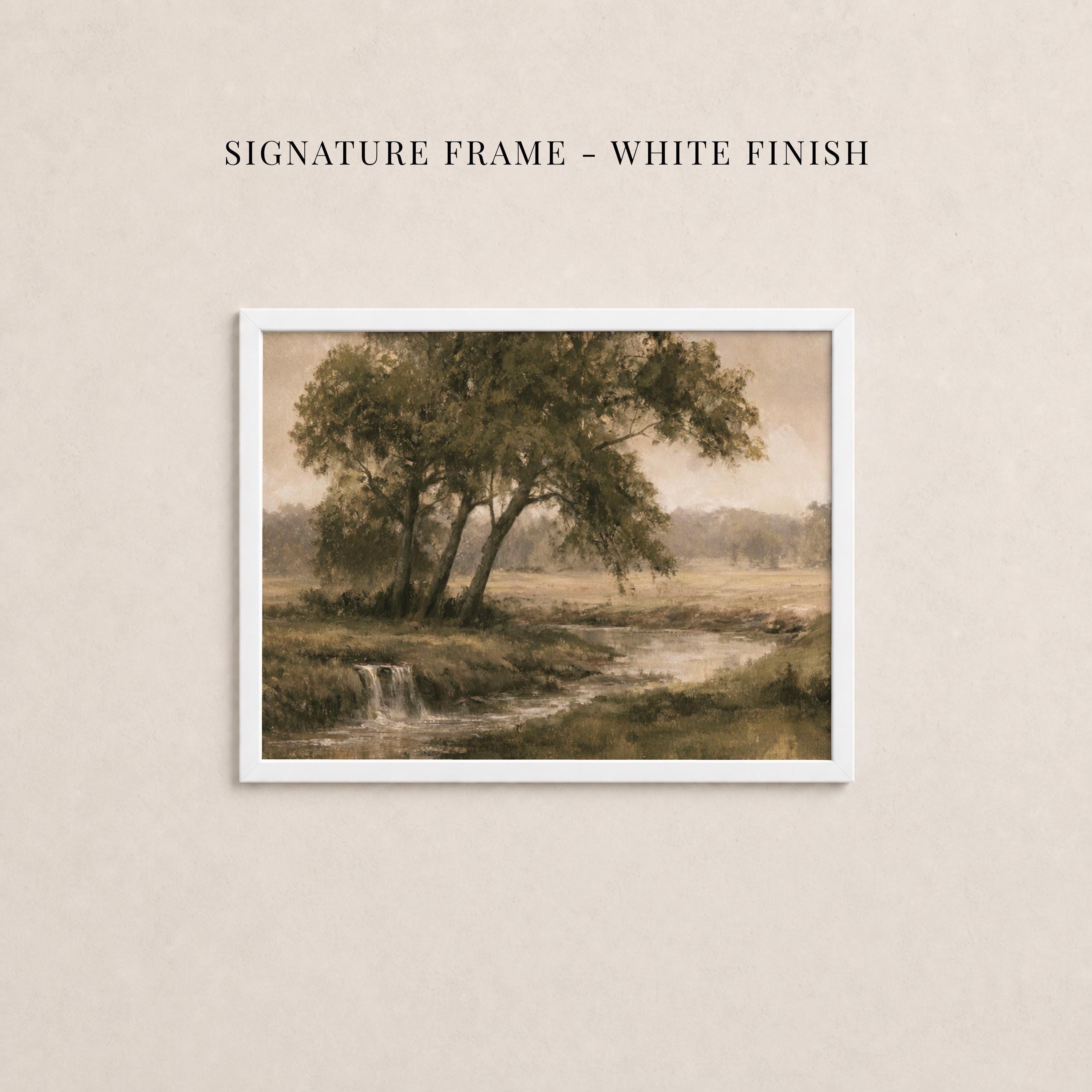 The image is a framed painting depicting a serene landscape with a tree, a stream, and a grassy field.