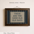 The image is a framed embroidered piece of art with the text "These are the good old days" printed on it.