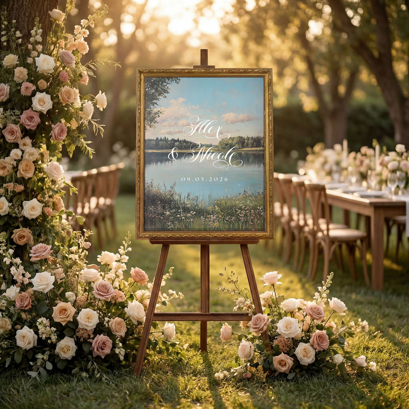 a wedding invitation with a scenic background of a lake and trees, surrounded by a beautiful floral arrangement.