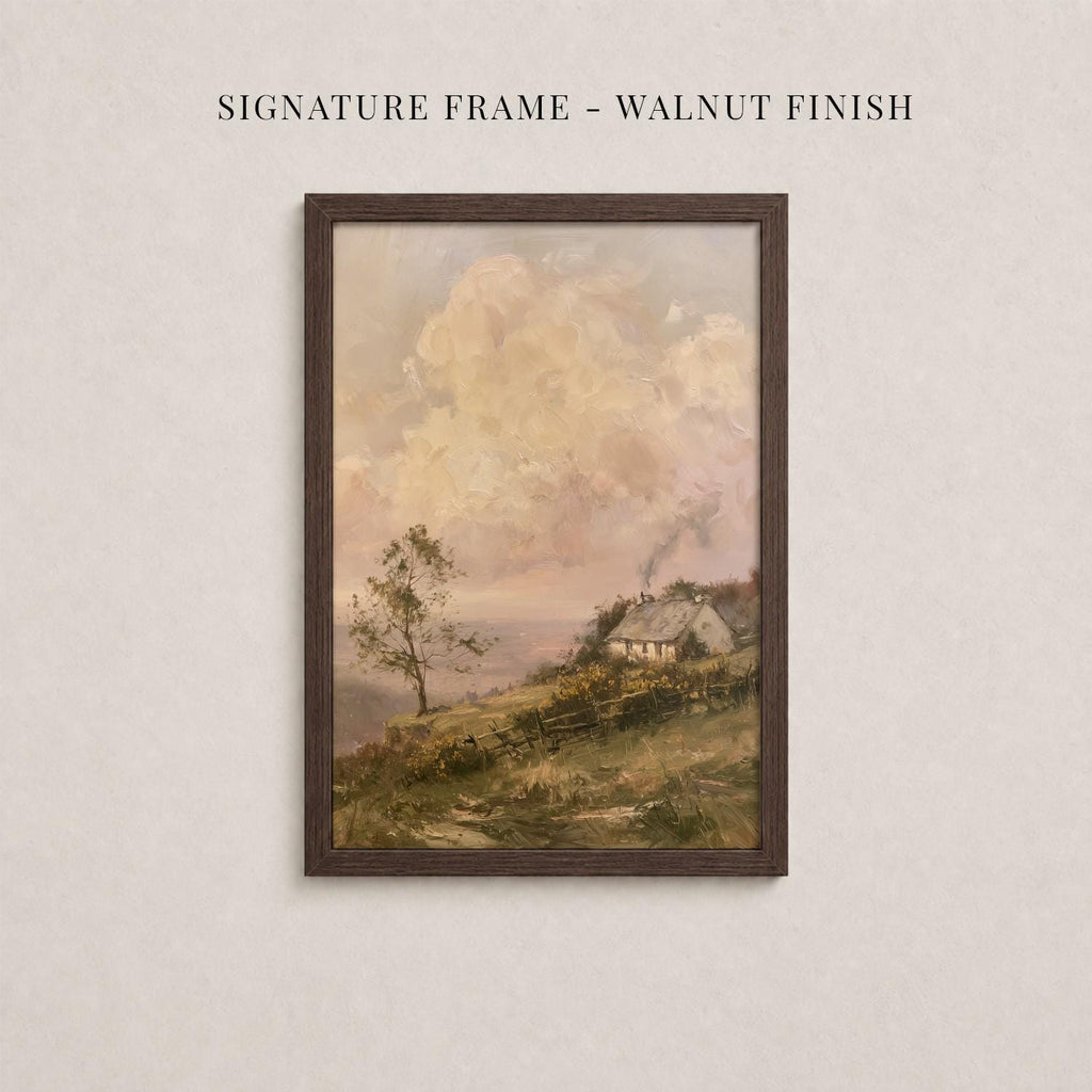 The image is a framed painting depicting a rural landscape with a house and trees in the background.