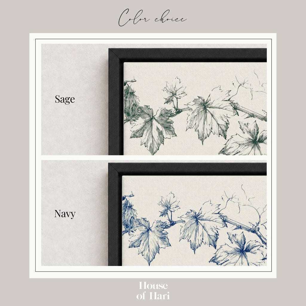 two framed prints with illustrations of leaves in different colors. The left frame is labeled "Sage" and the right frame is labeled "Navy".