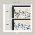 two framed prints with illustrations of leaves in different colors. The left frame is labeled "Sage" and the right frame is labeled "Navy".