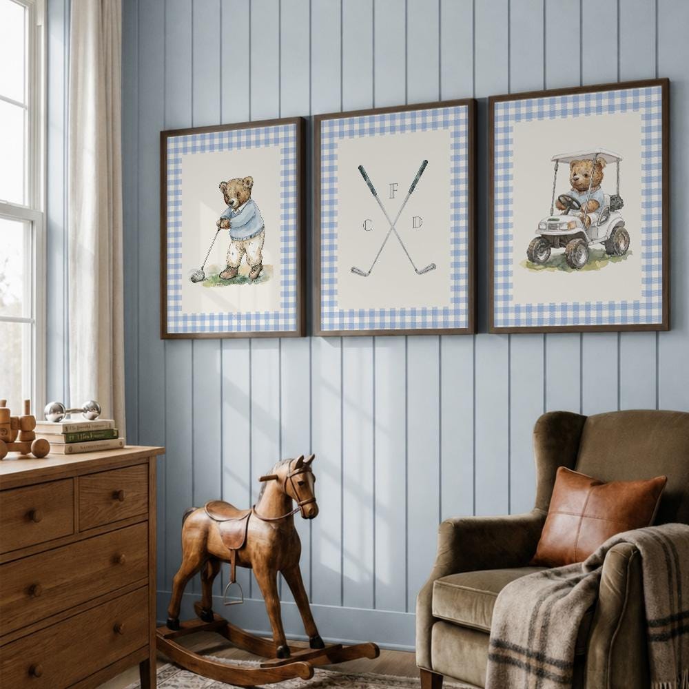 Boy's Golf Nursery Art - Set of 3 Prints Blue Plaid Teddy Bears | 2236