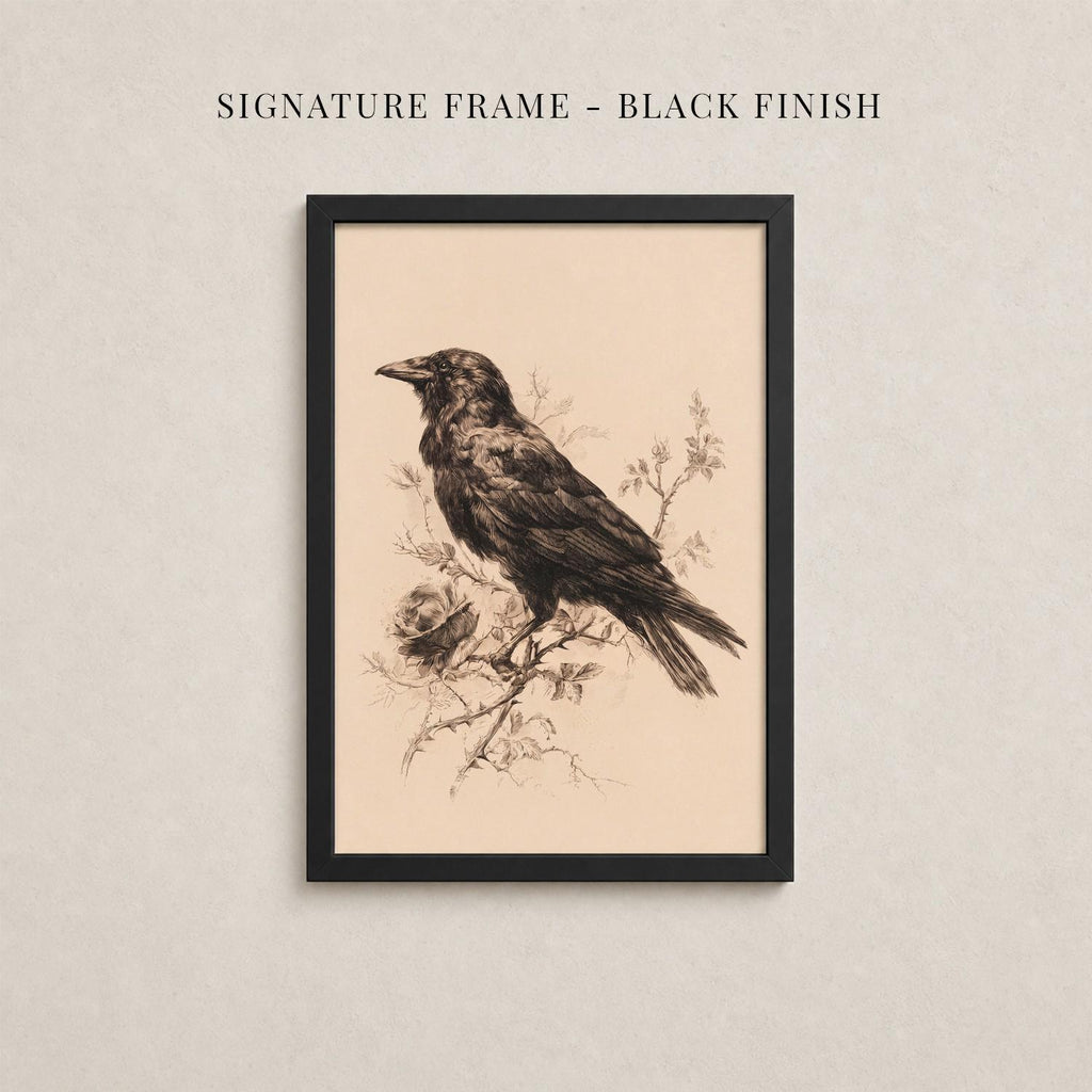 The image is a framed artwork depicting a bird perched on a branch, with a black and white color scheme.