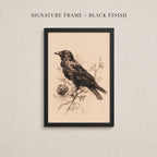 The image is a framed artwork depicting a bird perched on a branch, with a black and white color scheme.