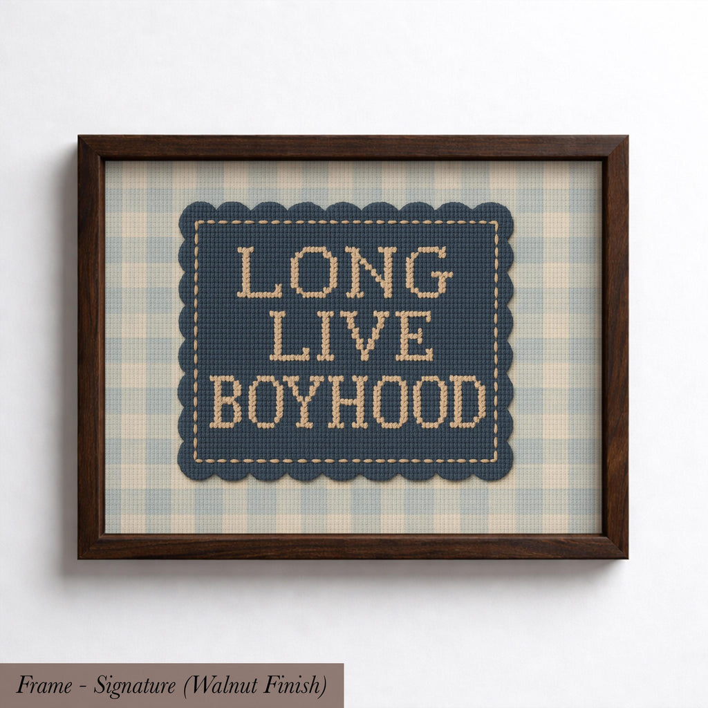 a framed cross-stitch design with the text "LONGLIVE BOYHOOD" displayed on it.