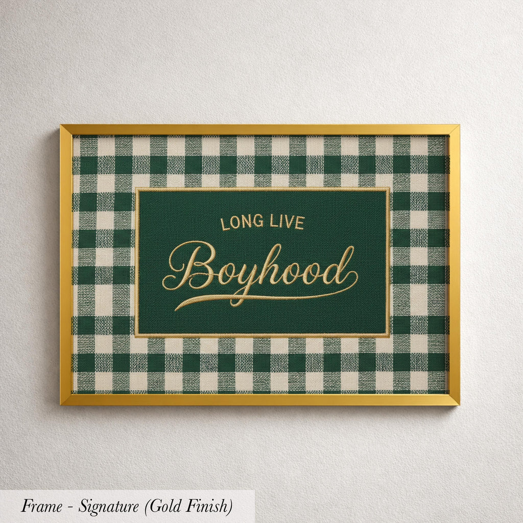 a framed piece of art with a green and white checkered pattern and the text "Long Live Boyhood" displayed on it.