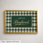 a framed piece of art with a green and white checkered pattern and the text "Long Live Boyhood" displayed on it.