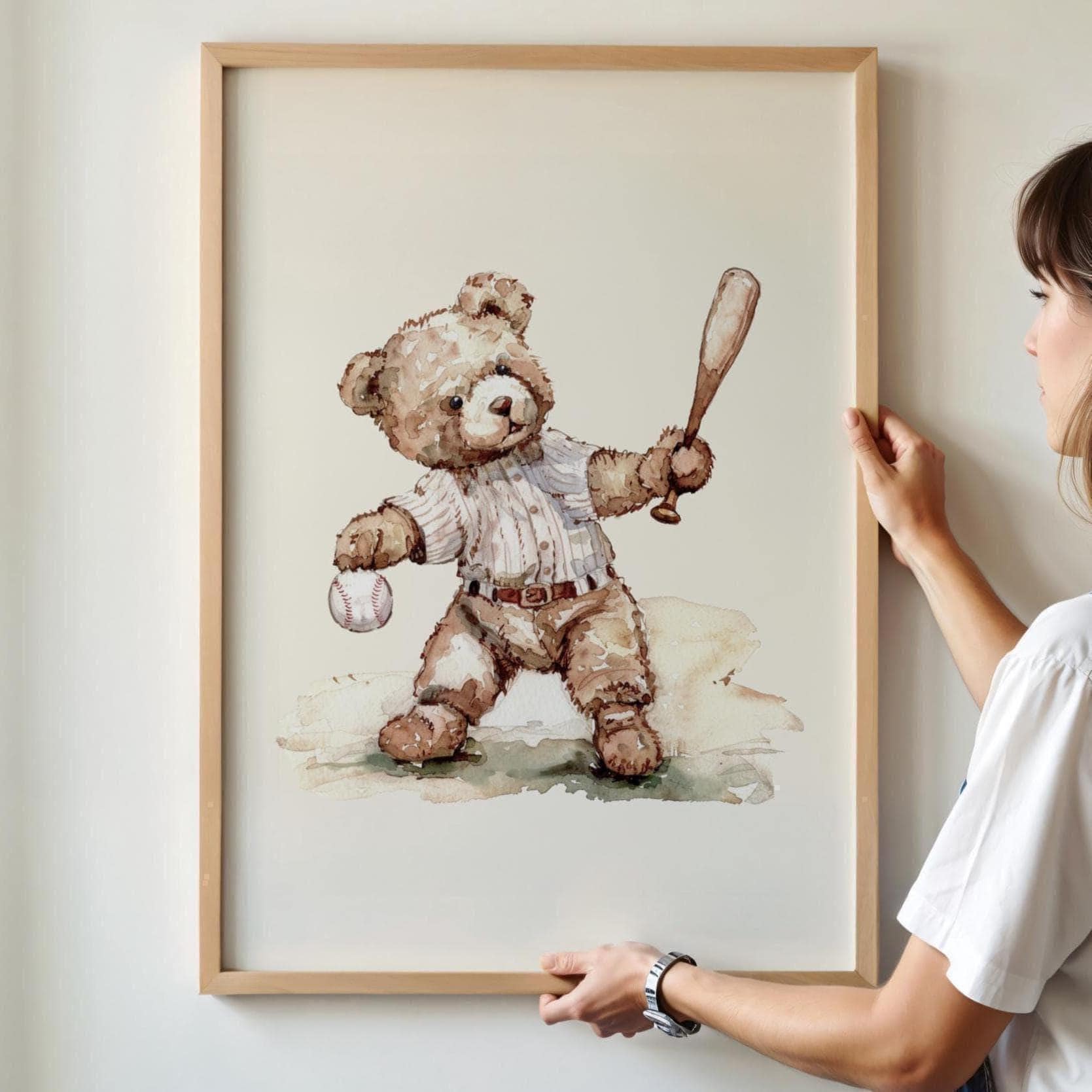 Vintage Baseball Teddy Bear Wall Art, Boy Baseball Nursery, Nursery Wallart, Sport Nursery, Vintage Boy Sport Nursery Teddy, Minimal,Gingham