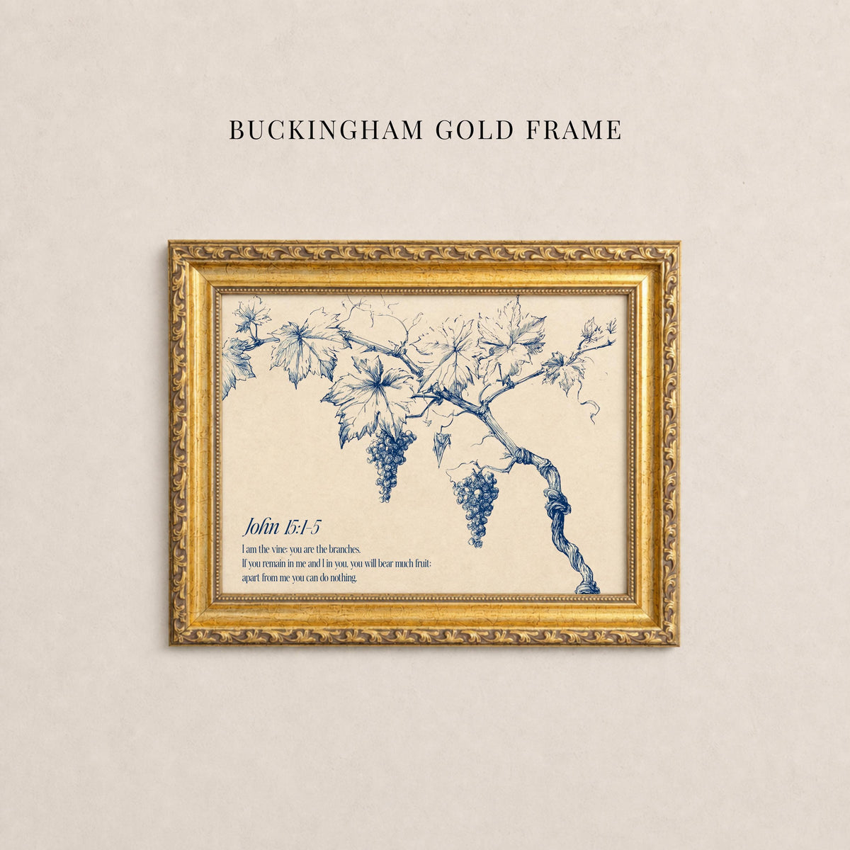 The image is a framed print of a blue and white illustration of a vine with grapes hanging from it, mounted on a wall.