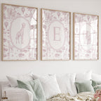 Safari Prints Nursery Girl Chinoiserie French Toile de Jouy Art Set of 3 Animals Pink baby Girl decor decorating ideas, Digital Framed