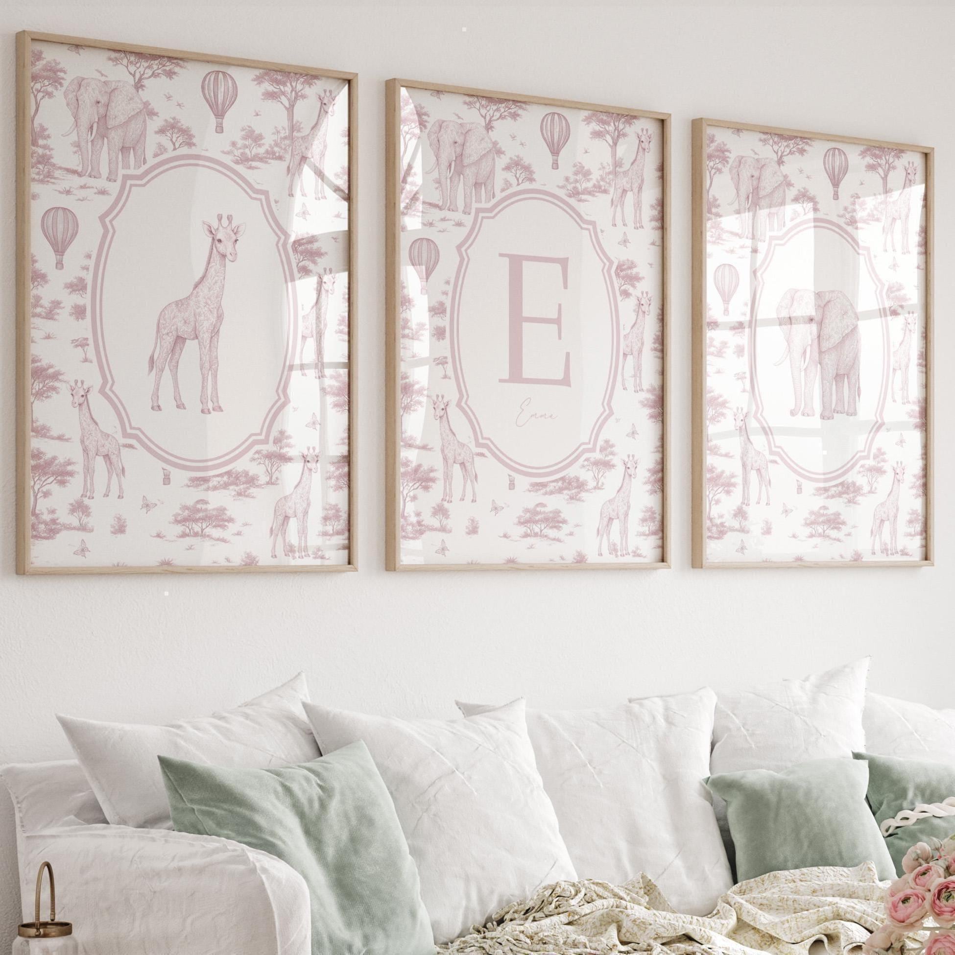 Safari Prints Nursery Girl Chinoiserie French Toile de Jouy Art Set of 3 Animals Pink baby Girl decor decorating ideas, Digital Framed