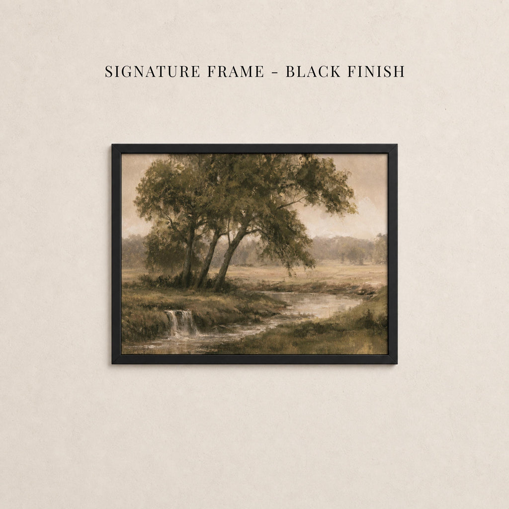The image is a framed painting depicting a serene landscape with a tree, a stream, and a grassy field.