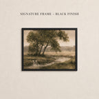 The image is a framed painting depicting a serene landscape with a tree, a stream, and a grassy field.