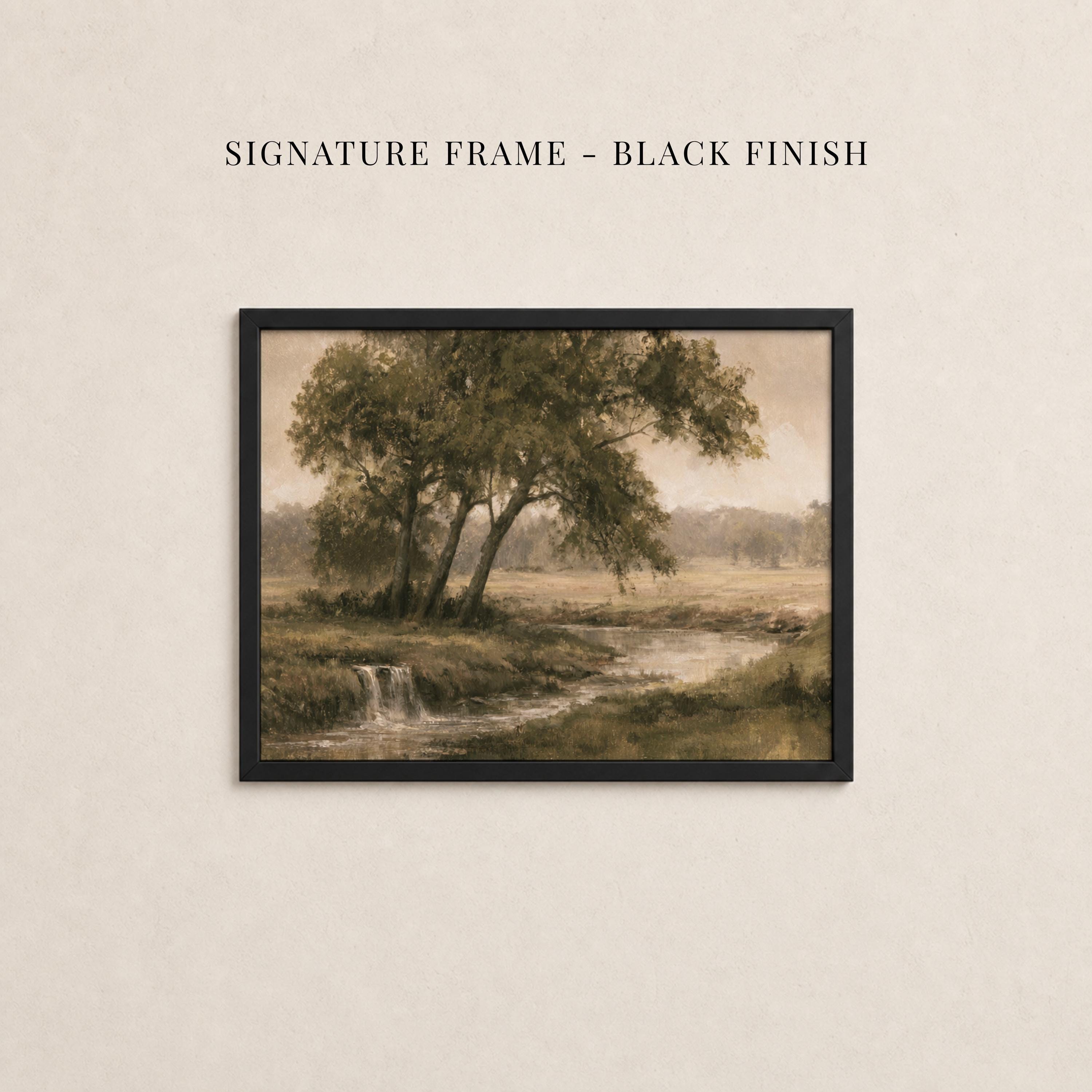 The image is a framed painting depicting a serene landscape with a tree, a stream, and a grassy field.