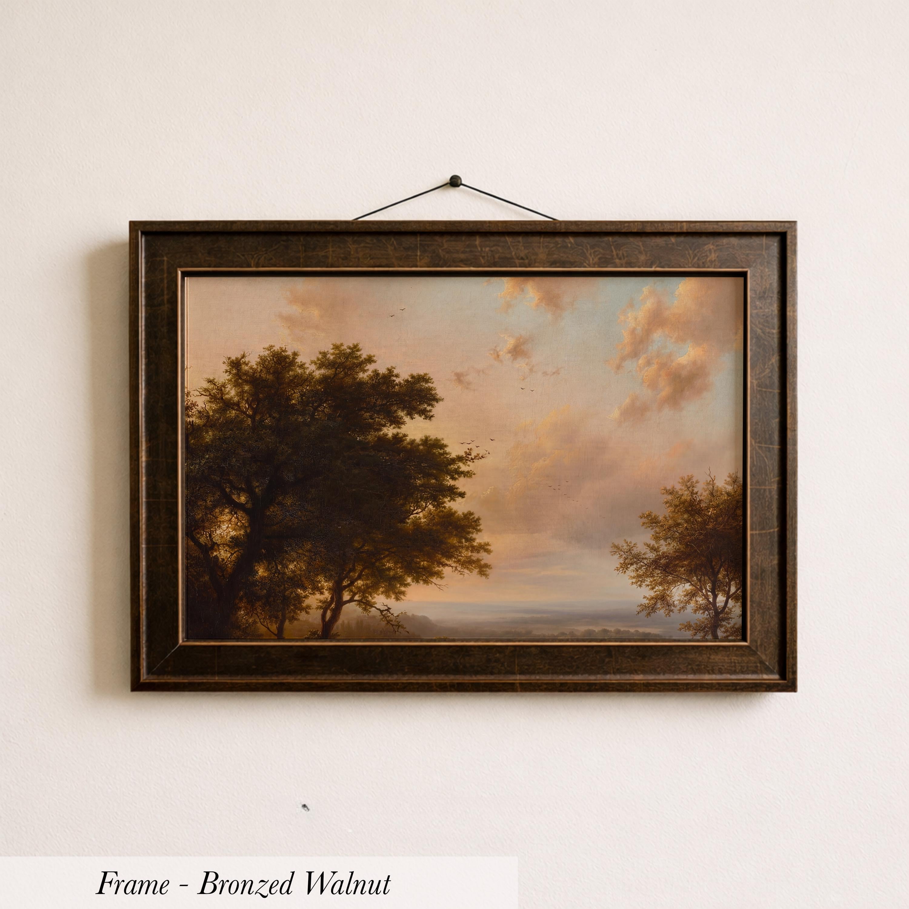The image is a framed painting of a landscape with trees and a cloudy sky.
