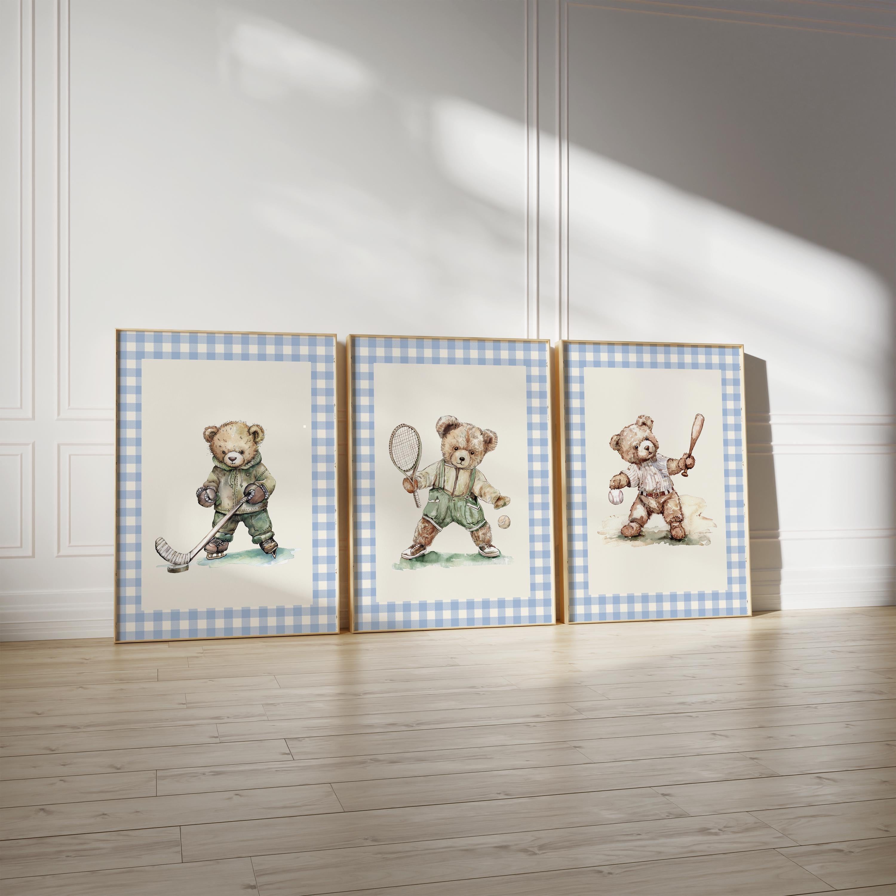Set of 6 Vintage Teddy Bear Sports Wall Art, Babyshower Gift Boy, Watercolor Illustrations,Sports Nursery Theme Decor,Kids Room,Blue Gingham