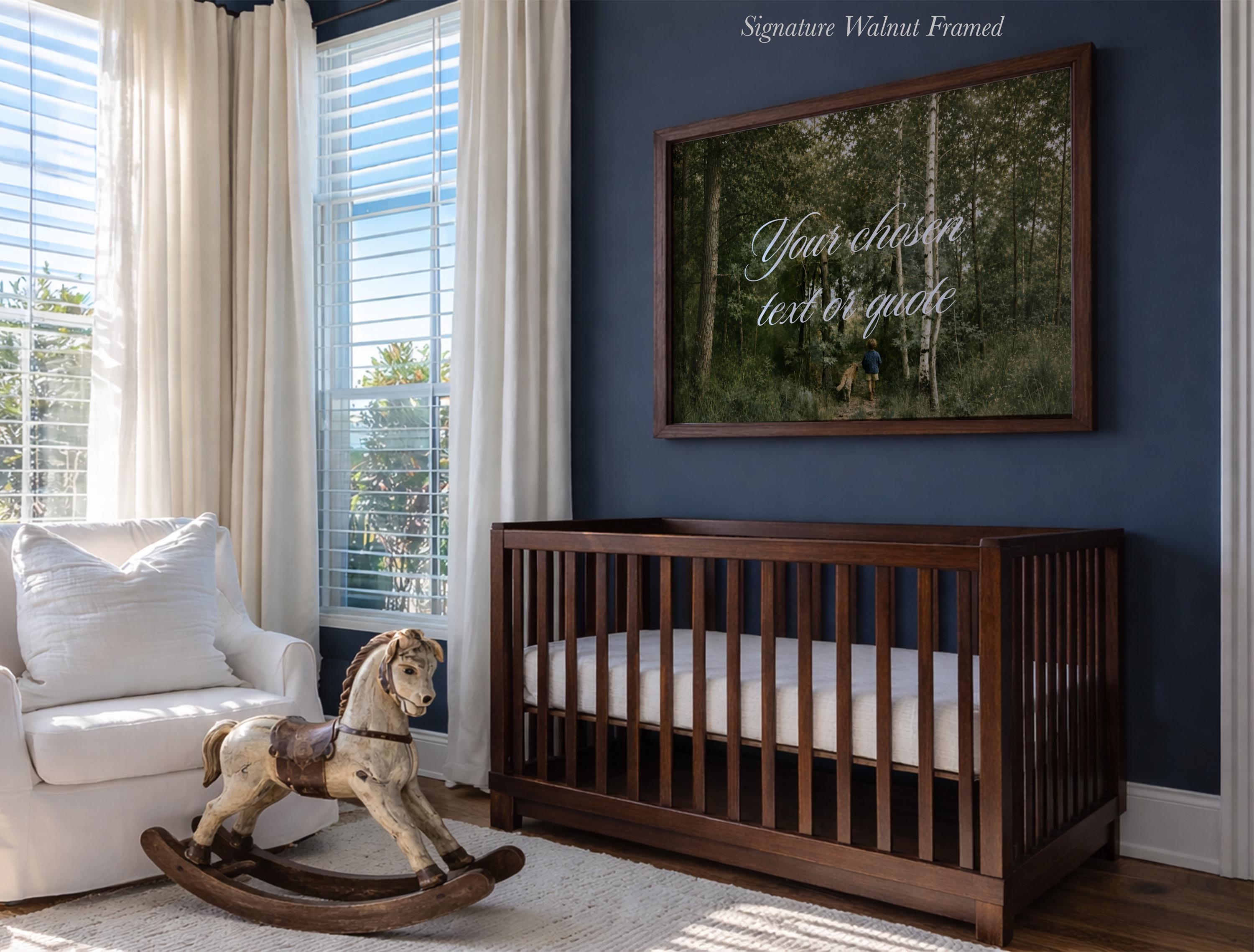 a nursery room with a wooden rocking horse, a crib, and a large mirror on the wall.