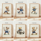 The image is a collage of six framed illustrations featuring teddy bears in various sports activities, including rugby, basketball, soccer, tennis, driving, and lacrosse.