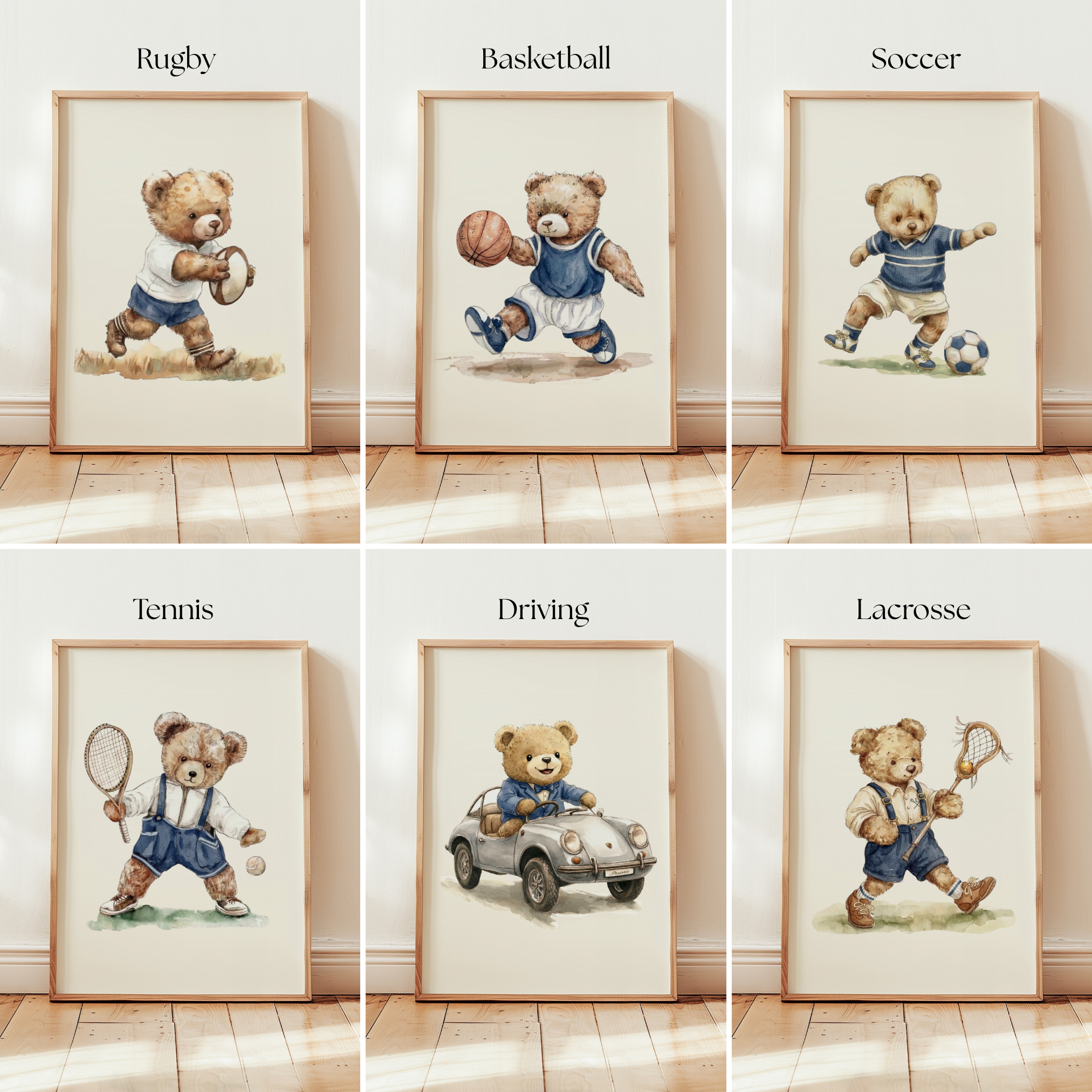 The image is a collage of six framed illustrations featuring teddy bears in various sports activities, including rugby, basketball, soccer, tennis, driving, and lacrosse.