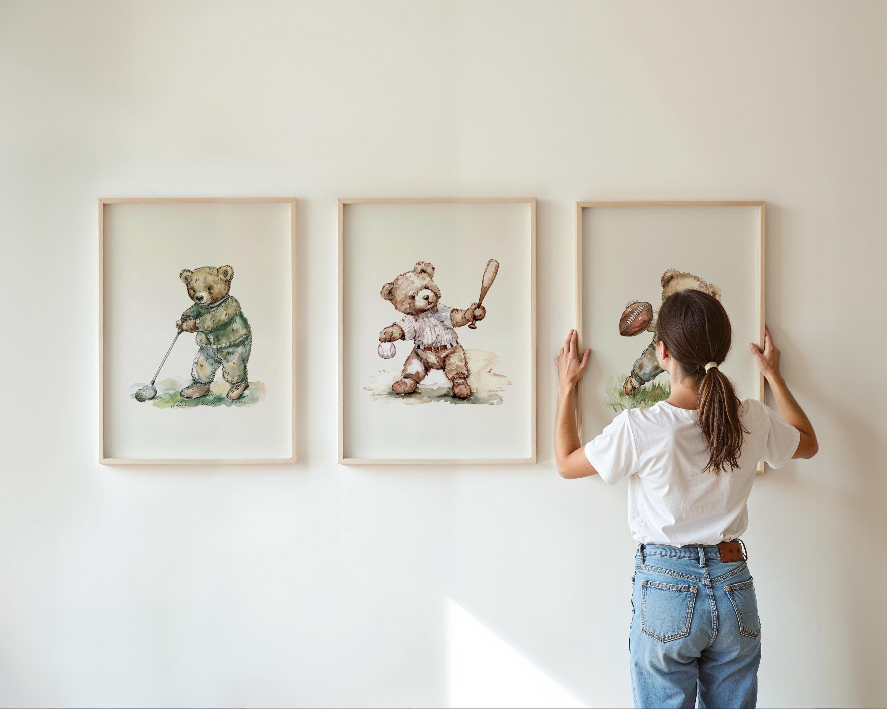 Sport nursery set, Boy nursery wall art sport, Vintage boy nursery, Teddy Bear Golf Print Nursery,Green,baseball nursery decoration,football