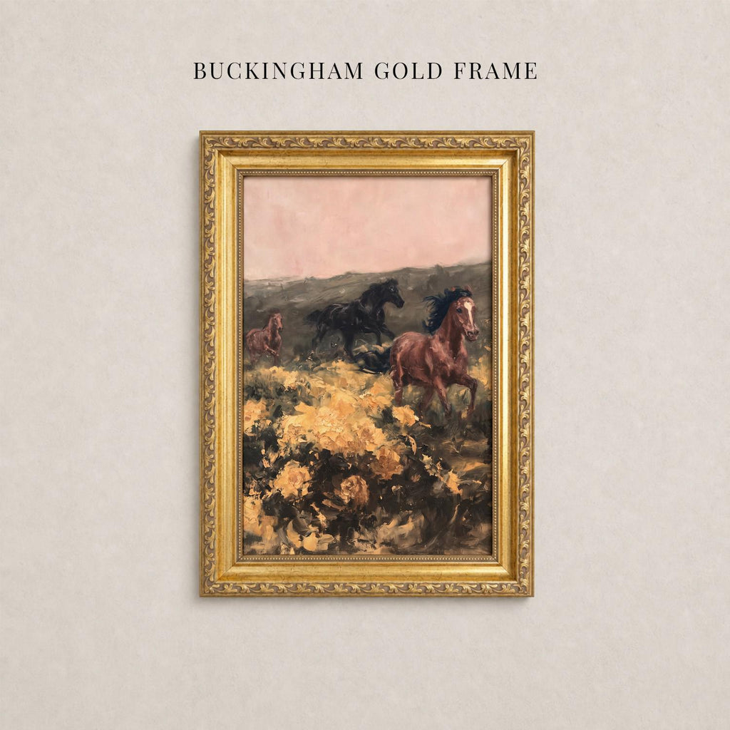 A painting of three horses galloping through a field with yellow flowers, framed in a gold frame.