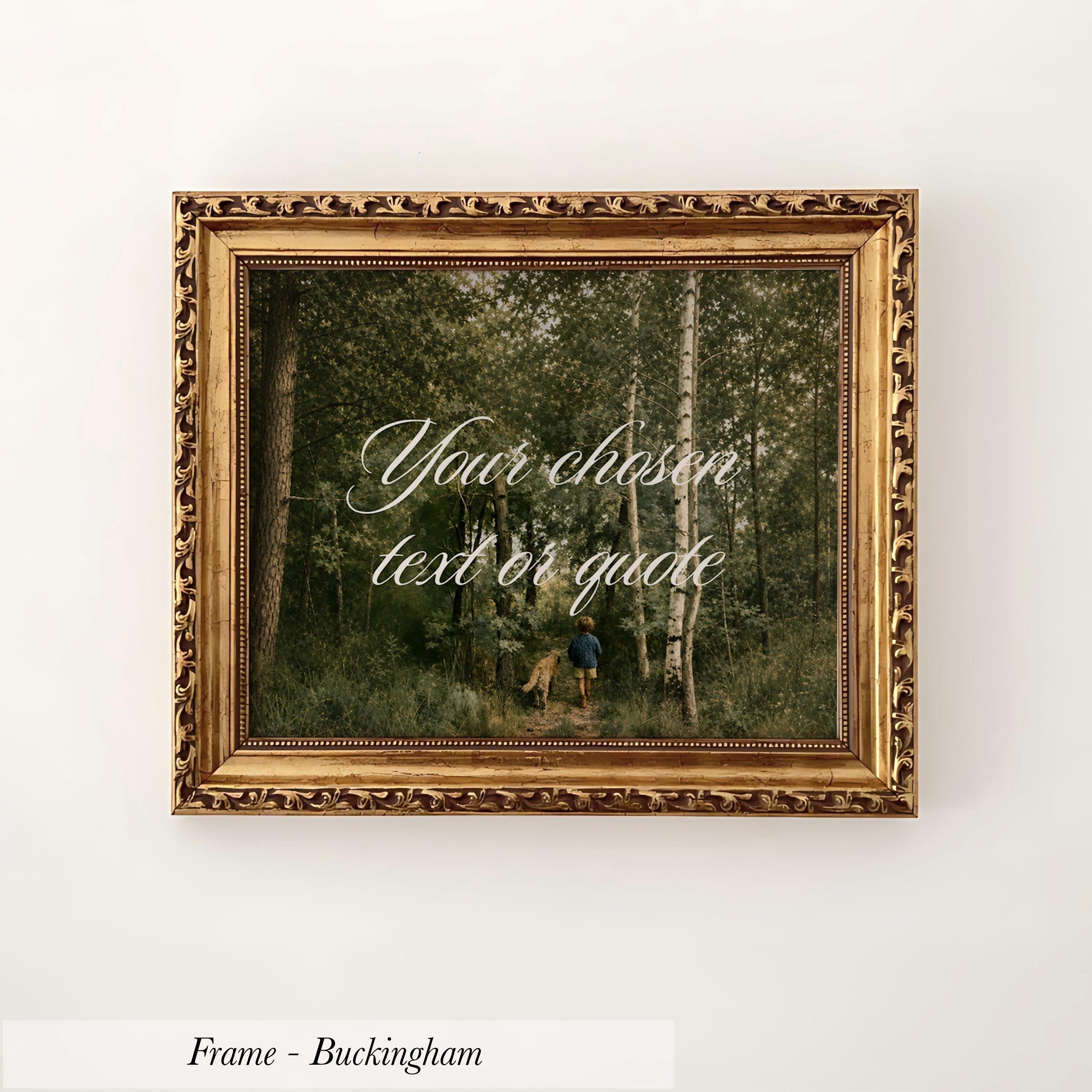 The image is a framed photograph of a person walking through a forest.