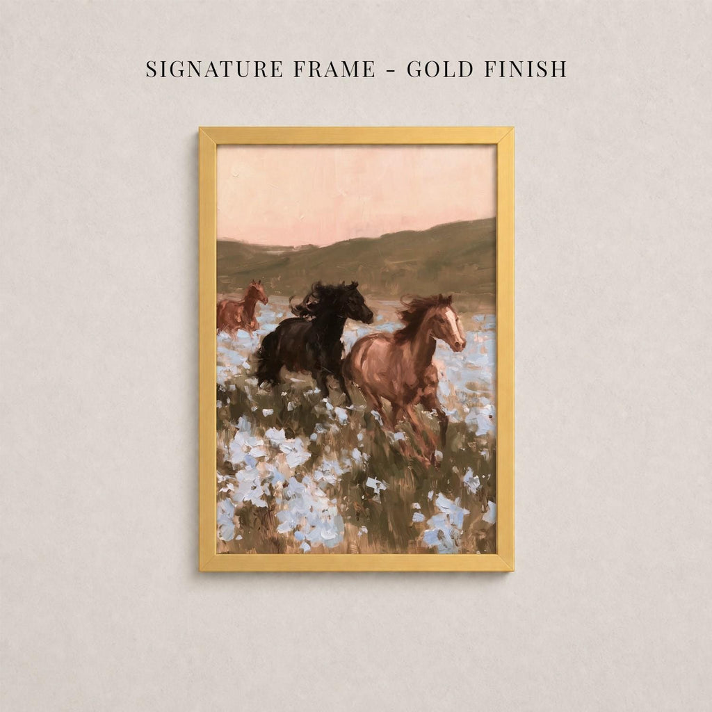 The image is a painting of three horses running through a field of flowers.