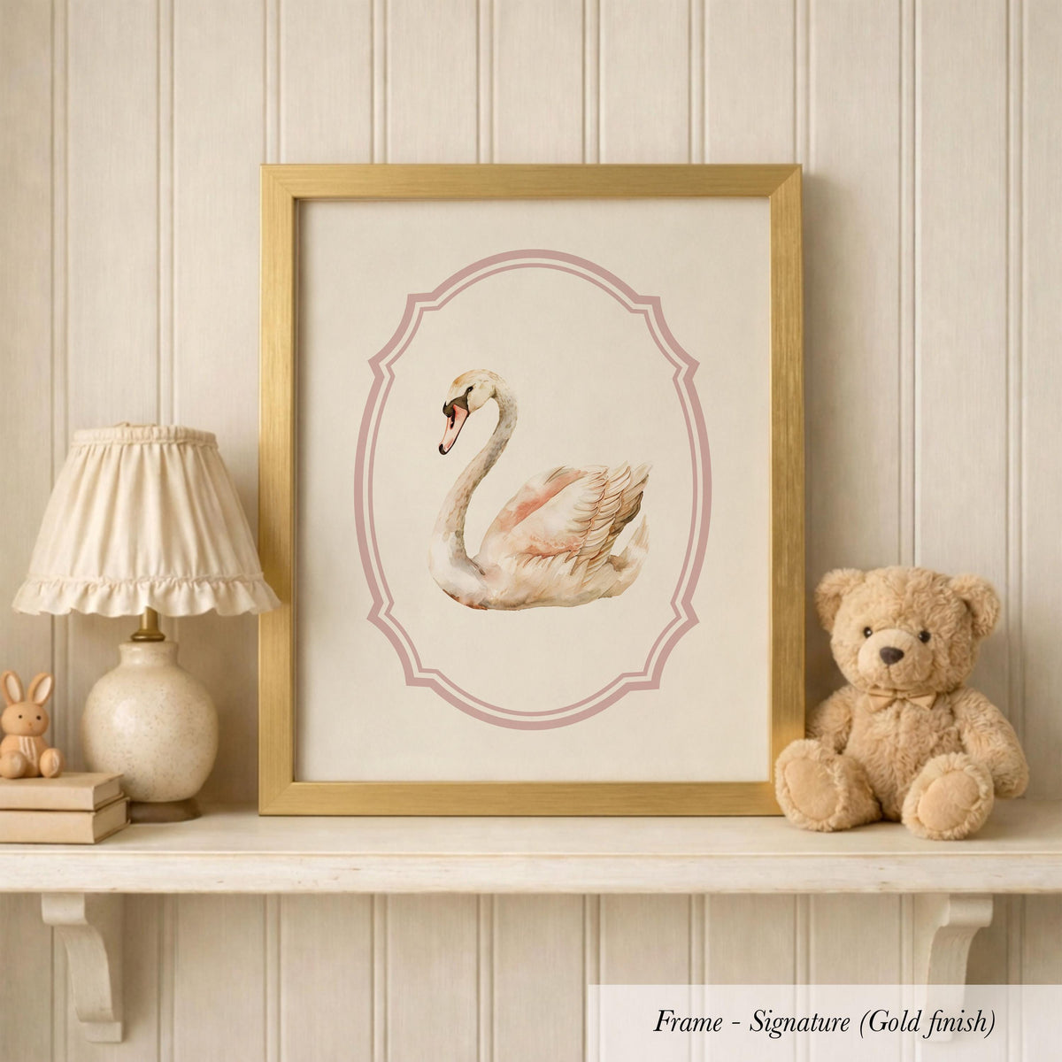 a framed picture of a swan, a teddy bear, and a lamp on a shelf.