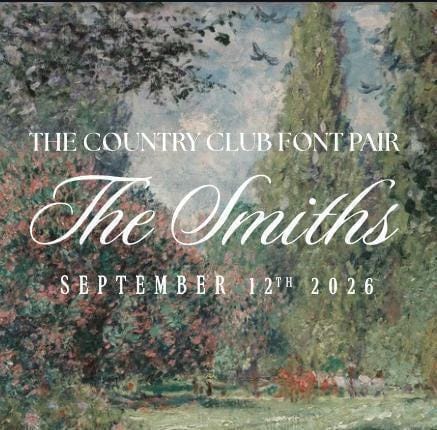 The image is a poster for an event called "The Smiths" on September 12th, 2026. The poster features a painting of a forest with trees and flowers, and the text is in a cursive font.