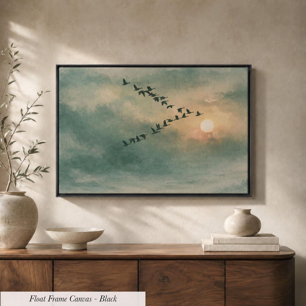 Framed Sage Green Japandi Flying Birds Canvas Wall Art Print | 2224