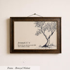 A framed print of a tree with a Bible verse from Jeremiah 17:8 displayed on the wall.
