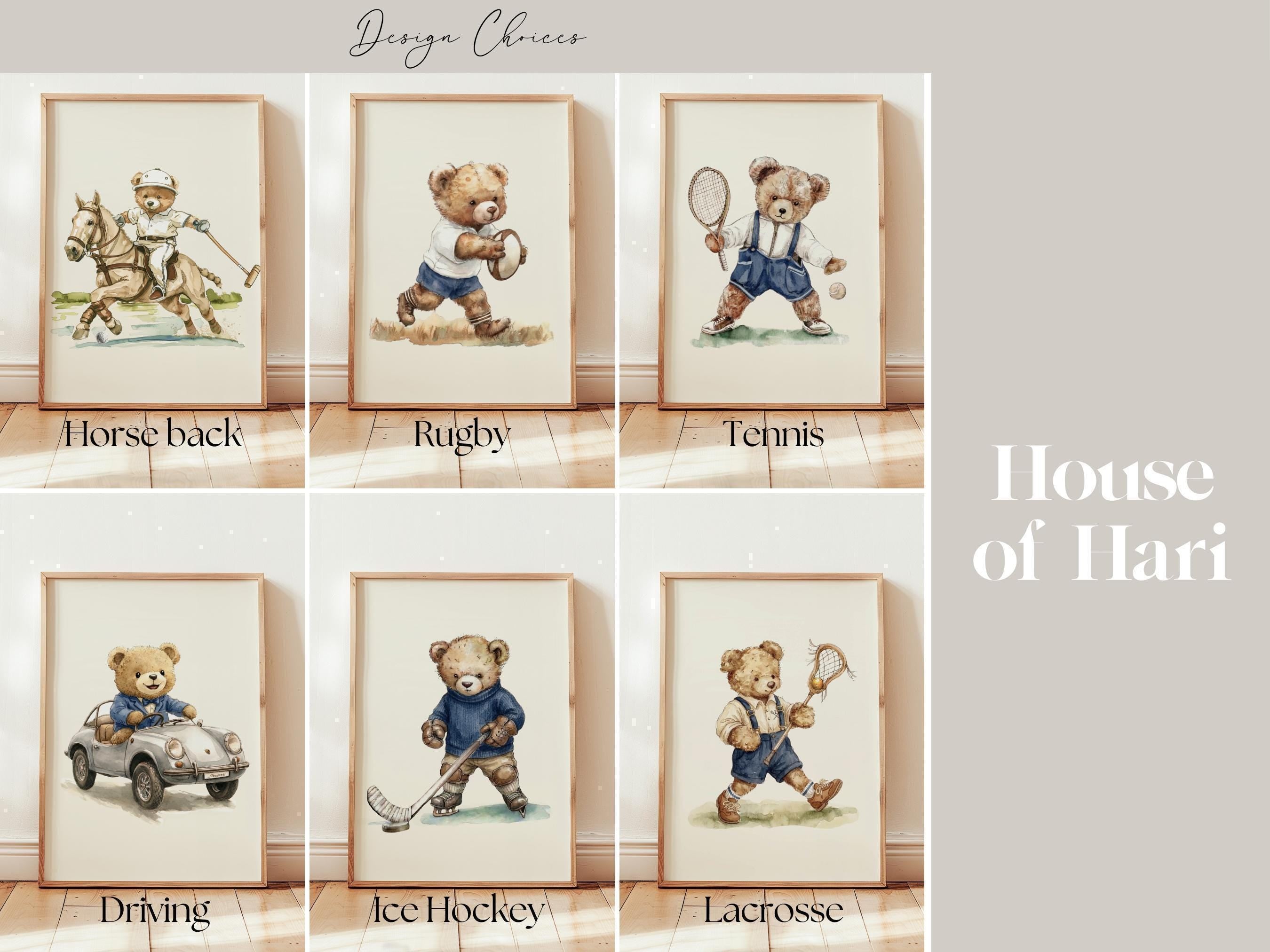 Vintage Sports Set of 3 Teddy Bear Prints in Navy Blue | 1898