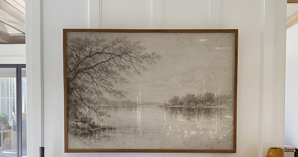 Vintage Muted Tree and River Landscape Wall Art