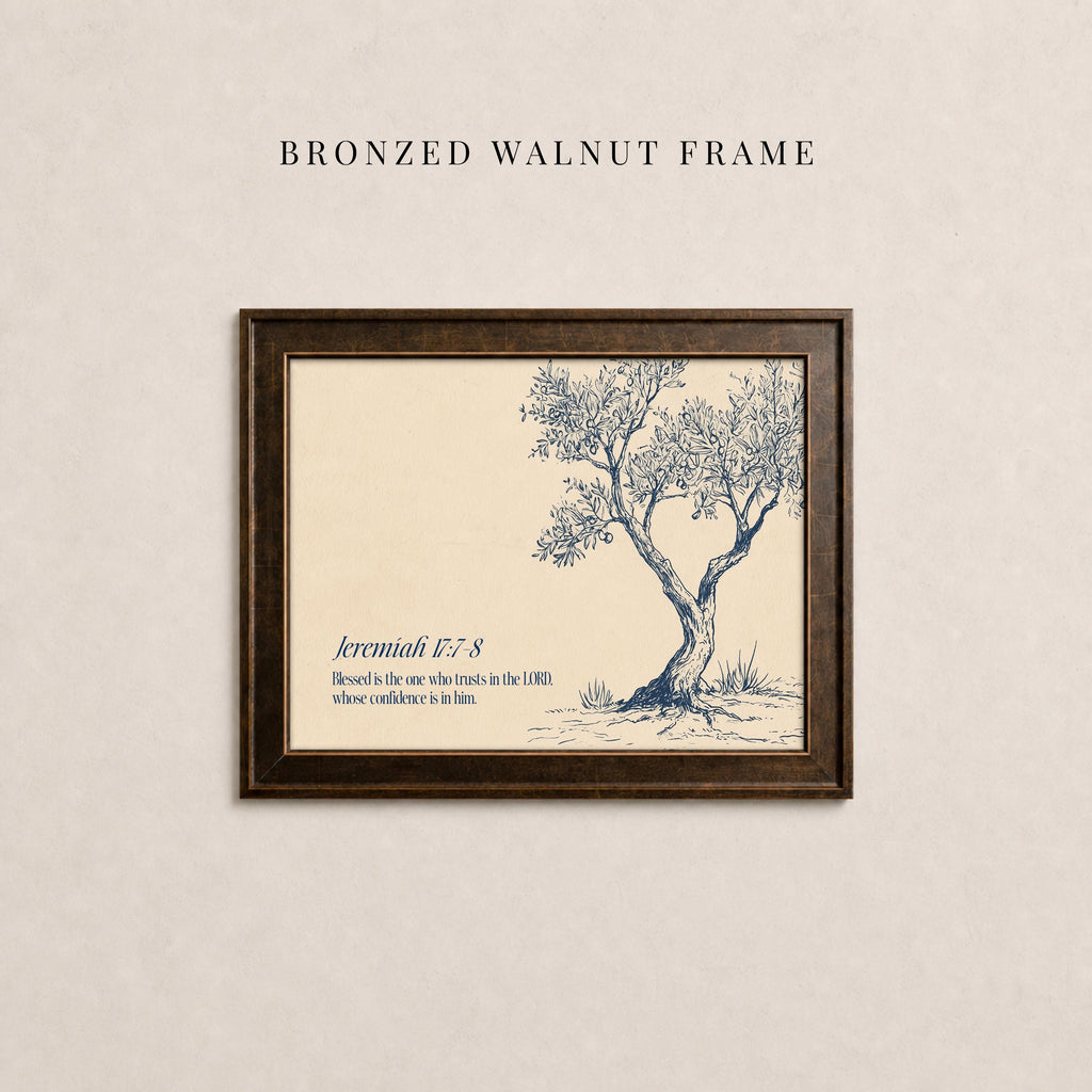 The image is a framed print of a tree with a text overlay that reads " Jeremiah 17:7-8" and "Blessed is the one who trusts in the Lord"