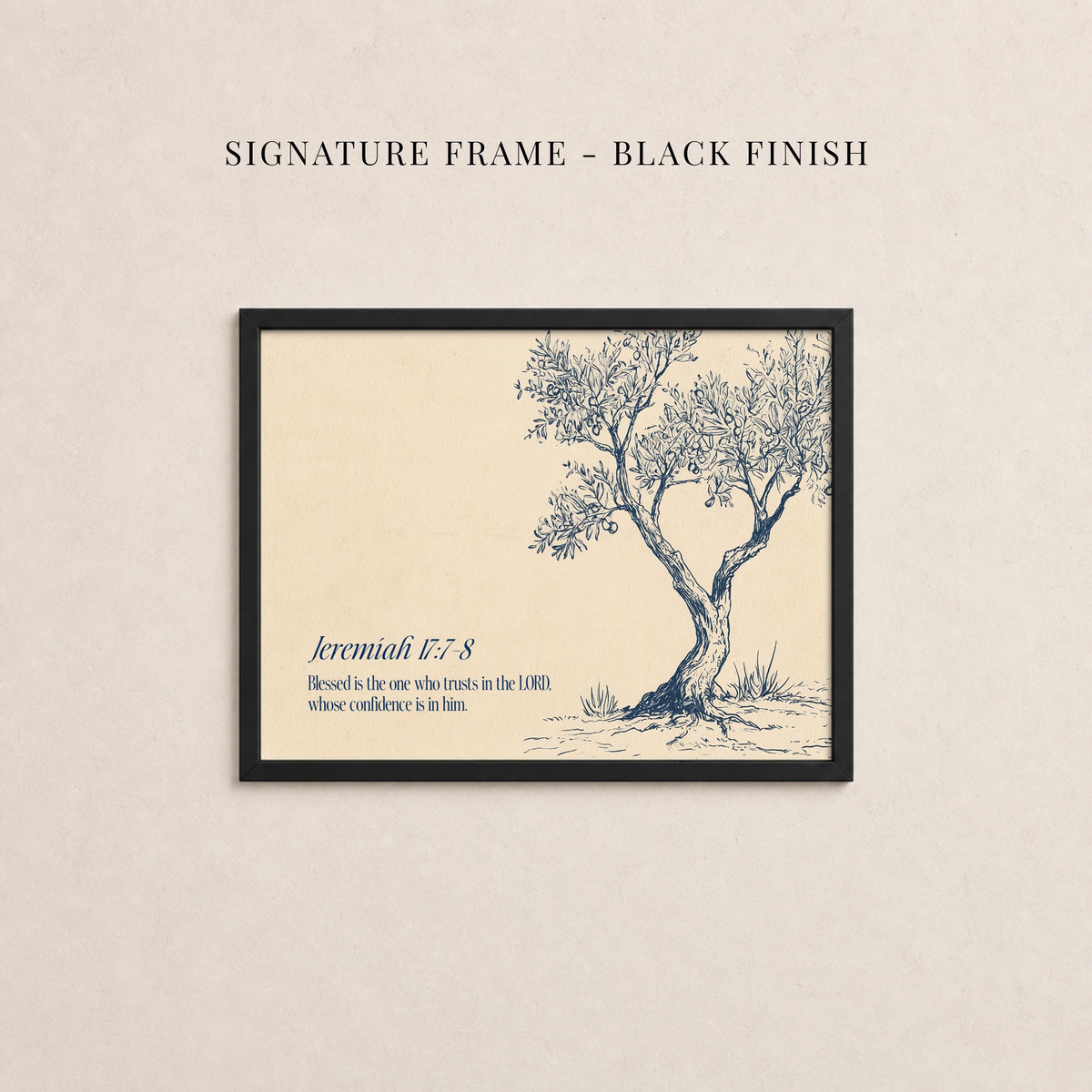 The image is a framed artwork depicting a tree with a text overlay that reads "kremunei 17.7.8" and below it, "Blessed is the one who trusts in the Lord whose confidence is in Him".