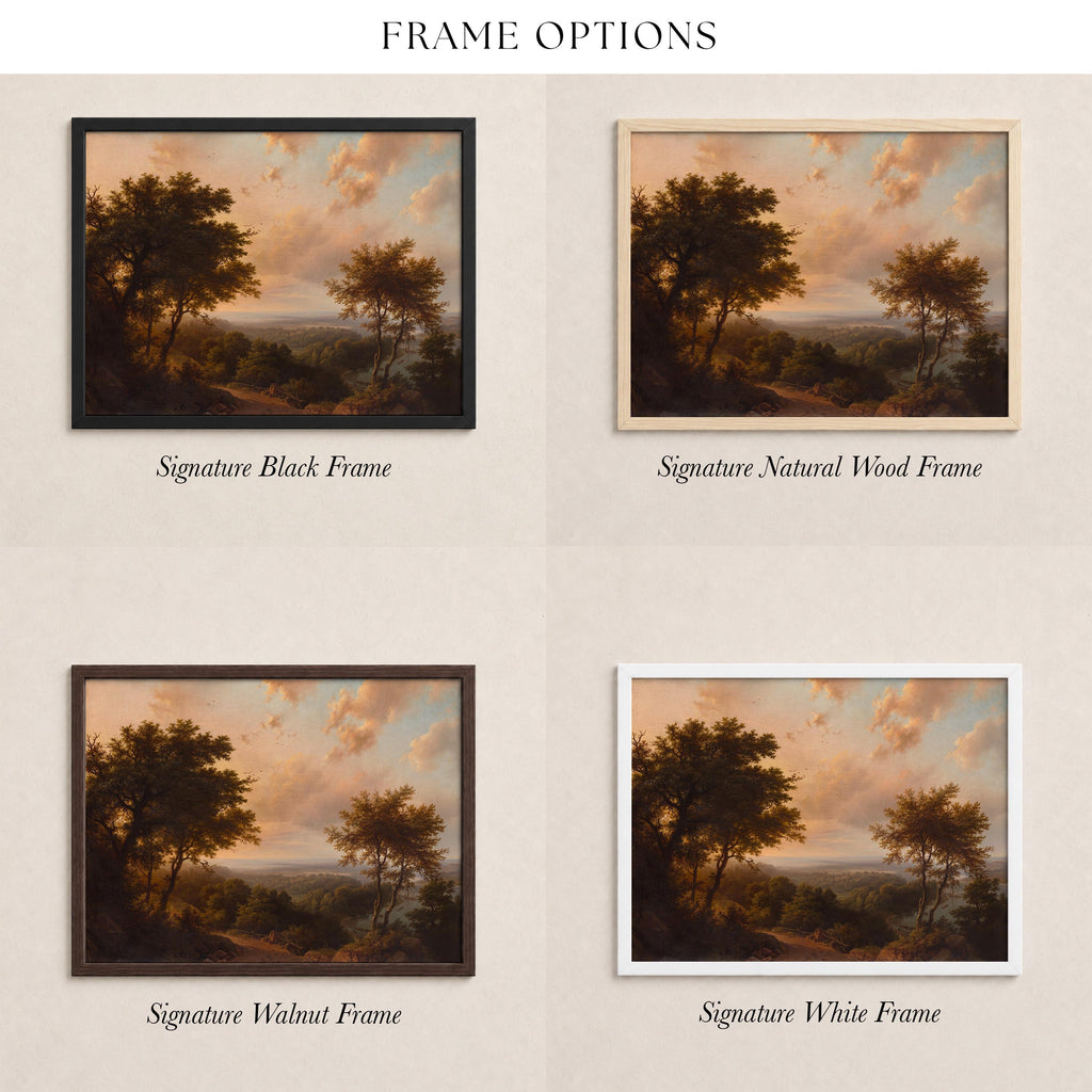 four different framed landscape paintings, each with a different frame color and style.