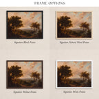 four different framed landscape paintings, each with a different frame color and style.