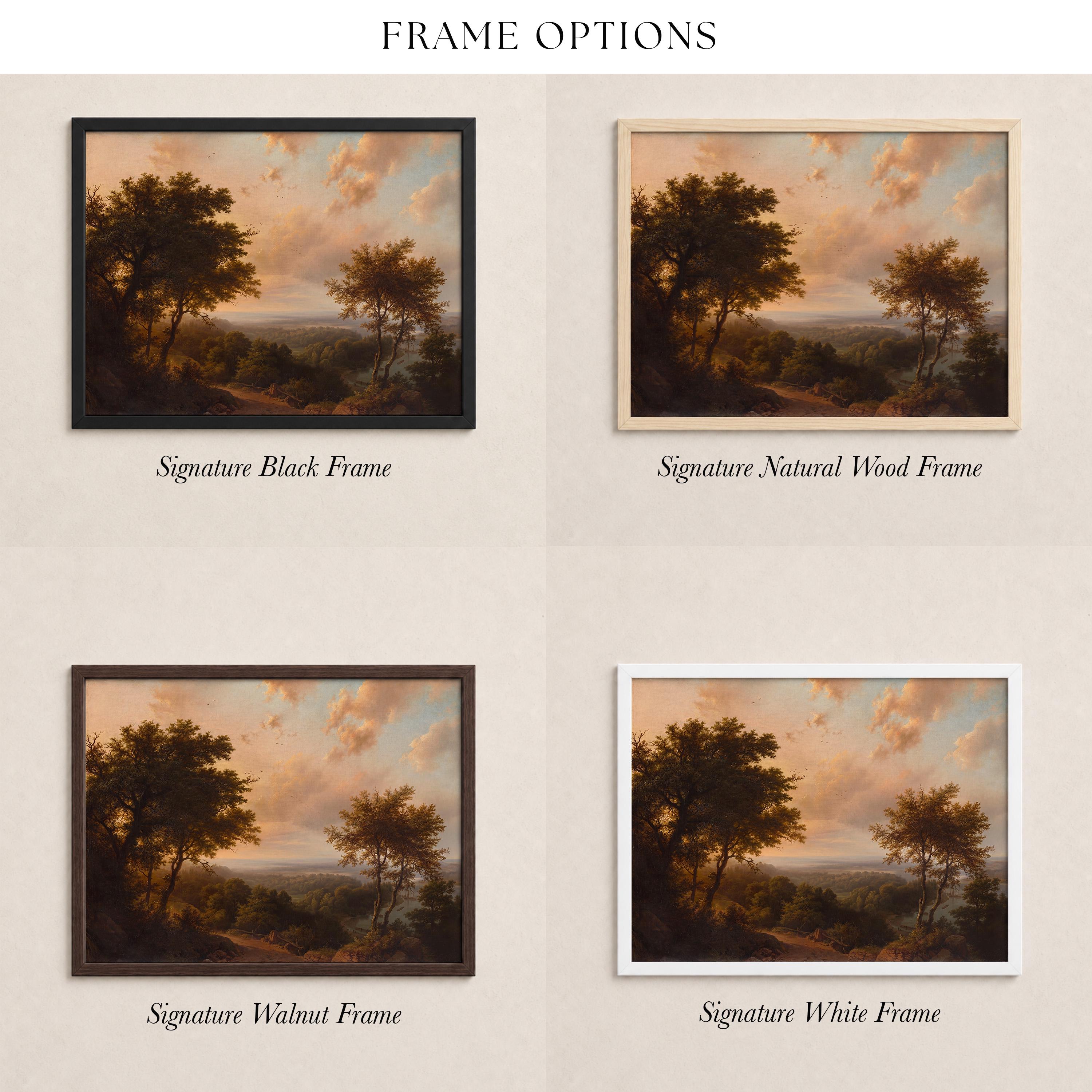 four different framed landscape paintings, each with a different frame color and style.