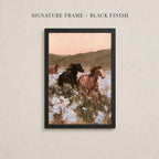 The image is a framed painting depicting three horses galloping through a field of flowers.
