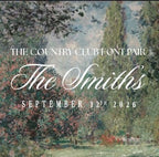 The image is a poster for an event called "The Smiths" on September 12th, 2026. The poster features a painting of a forest with trees and flowers, and the text is in a cursive font.