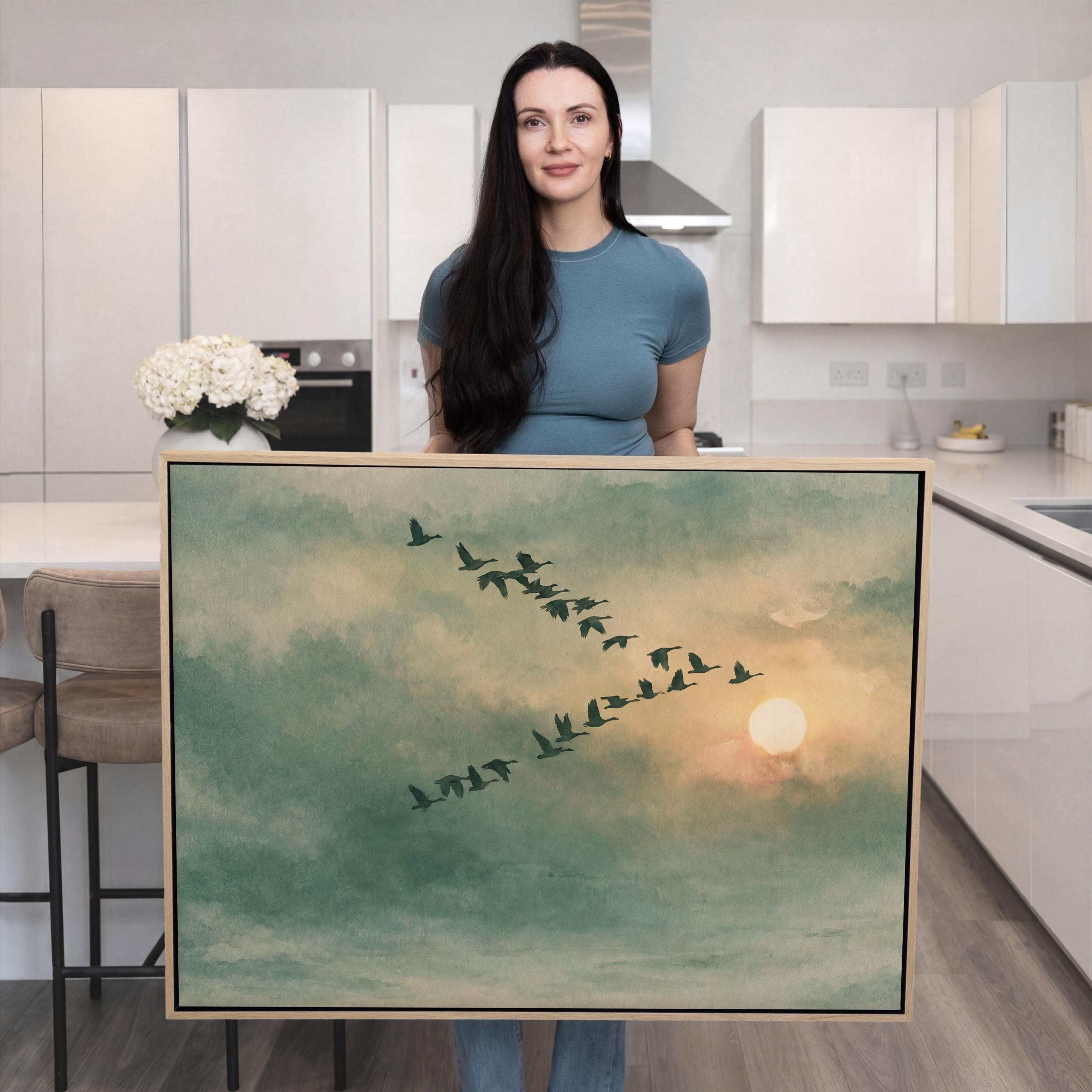 Framed Sage Green Japandi Flying Birds Canvas Wall Art Print | 2224